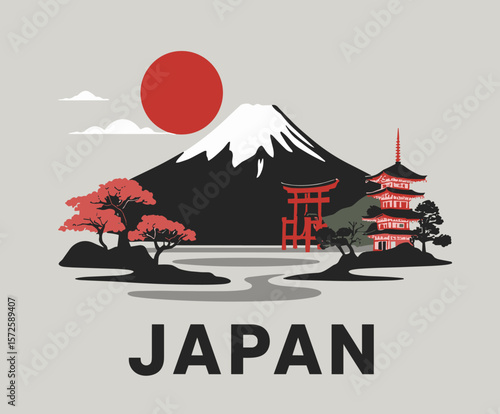 Modern vector of Japan with Mount Fuji, torii gate, pagoda and sun. Bold cultural landscape in traditional style