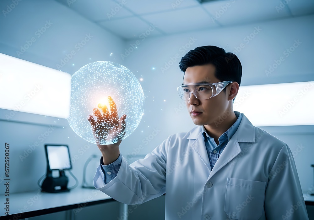 Fototapeta premium Asian Scientist Interacting with a Holographic Data Sphere in a Lab. (AI Generated)