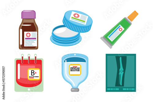 Medical treatment items icon set