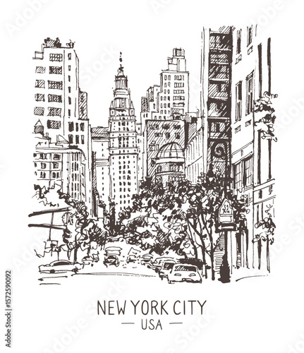 Architecture sketch illustration. Travel sketch of New York, USA. Liner sketches architecture of the street. Freehand drawing. Sketchy line art drawing with a pen on paper. Black and white. Vector