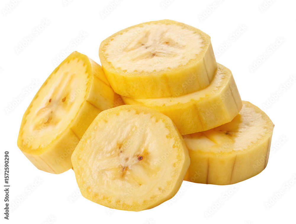 Fresh banana slices stacked together isolated on white background for healthy eating concept Fresh banana slices stacked together isolated on white background for healthy eating concept
