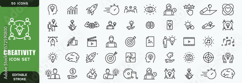  creativity line icon set. Vector pictograms of brainstorming, innovation, problem-solving, abstract thinking, insight, imagination thin linear illustration