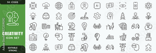 Creativity Line Editable Icons set. Vector illustration in modern thin line style of inventiveness related icons: imagination, innovation, inspiration, originality, and more