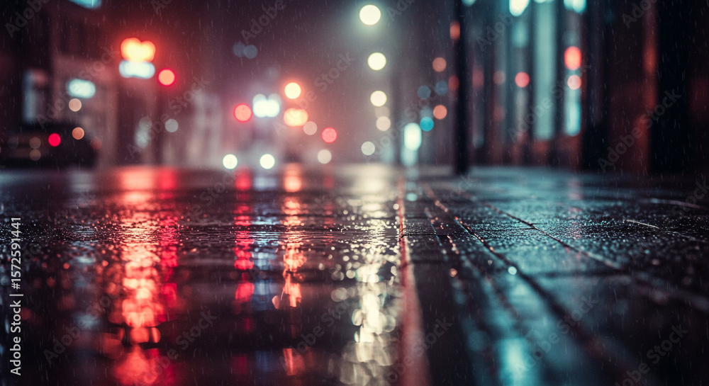 Obraz premium Rainy Night Urban Reflections, City Street Lights