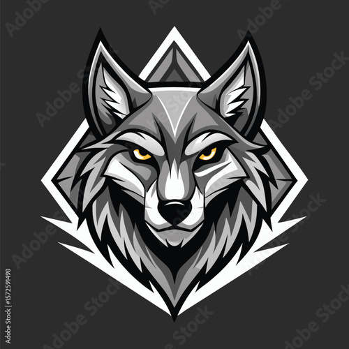 Gray wolf head stares intensely against a geometric background, exhibiting striking yellow eyes