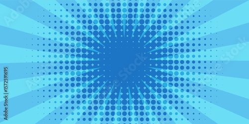 Anime explosion background with radial lines - dynamic starburst with speed motion effect. Blue and white halftone pattern for superhero action in manga comic book style.
