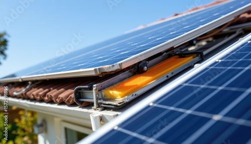 solar panel mounting system with air gap insulating heat buildup, architectural detail showing energy efficiency, bright outdoor setting.