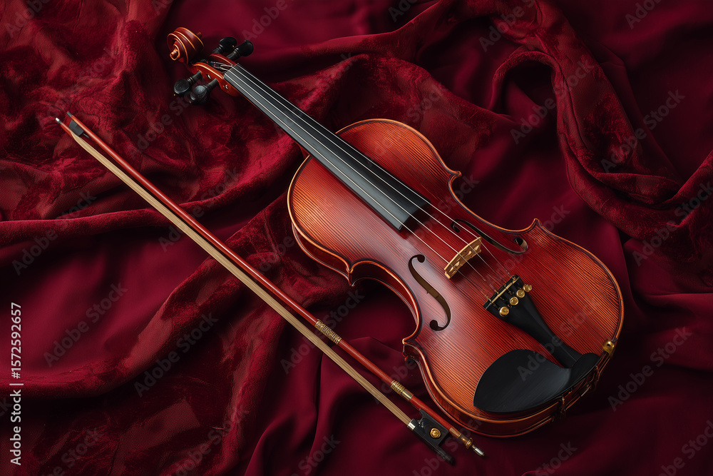 Fototapeta premium Violin on Red Velvet Fabric. A violin and bow on a red velvet fabric. Ideal for music-themed designs, classical concert promotions, or elegant decor.