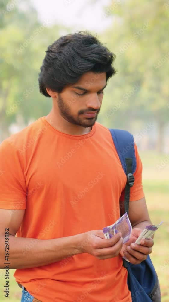 Vertical Shot of Young Indian Male College Student Counting Money Vertical Shot of Young Indian Male College Student Counting Money