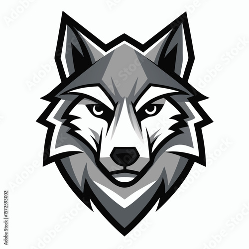 Intense wolf mascot stares forward showcasing black, gray and white geometric styling