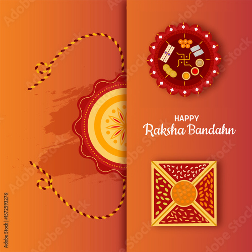 Happy Raksha Bandhan indian festival celebration card design, banner, poster vector illustration with dry fruits, Pooja thali and Rakhi.