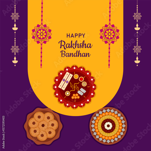 Happy Raksha Bandhan indian festival celebration card design, banner, poster vector illustration with dry fruits, Pooja thali and Rakhi. 