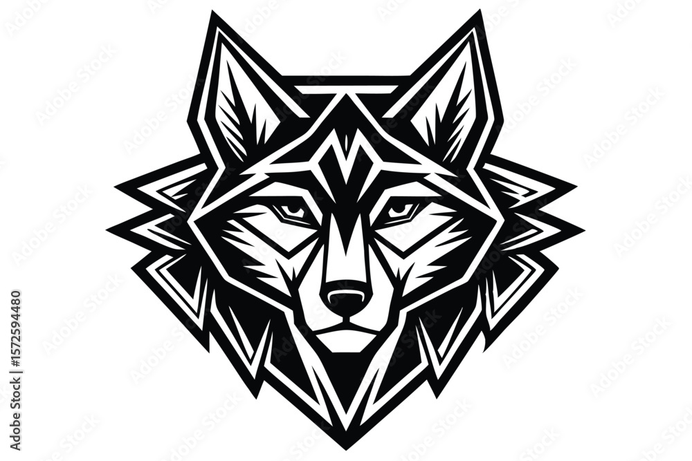 Fototapeta premium Geometric wolf head in solid black and white displays a symmetrical and aggressive expression