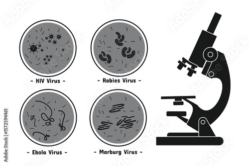 Virus microscope set design. Ebola, Marburg, HIV, rabies. Laboratory and health care.