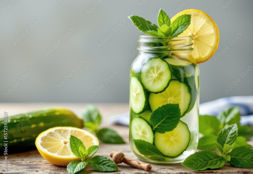 Fototapeta premium herbal detox water with cucumber, lemon, and mint leaves aiding hydration and cleansing, glass jar with fresh ingredients.