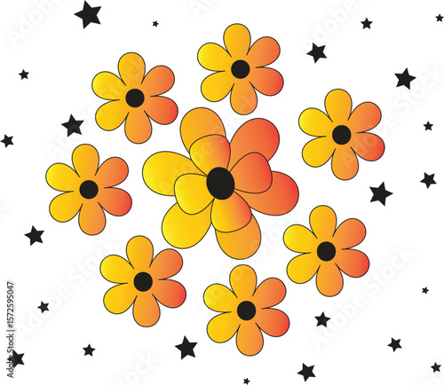 Vibrant Orange and Yellow Flowers with Stars A Delightful Floral Illustration