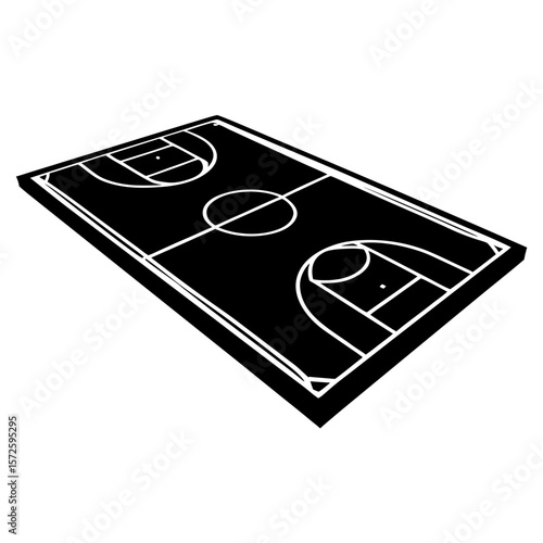 Basketball court design with white chalk lines on black background  