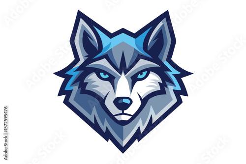 Sharp stylized wolf gazes forward, its grey fur contrasted by dark outlines and striking eyes