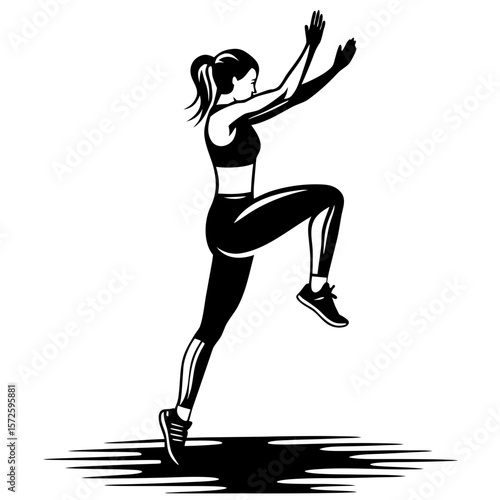 Young woman performing jumping lunges in athletic workout gear  