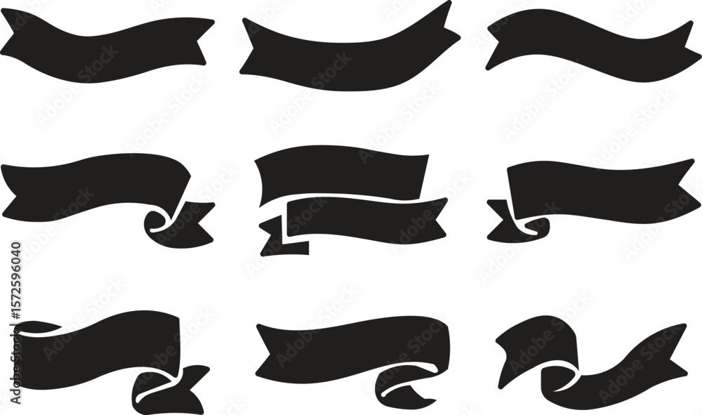 Black Ribbon Banner Vector Set for Headers & Labels-Curved Hand-Drawn Style Black Ribbon Banner Vector Set for Headers & Labels-Curved Hand-Drawn Style