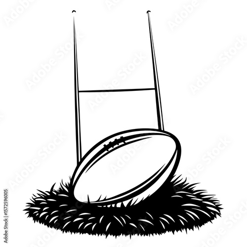 Rugby ball resting on grass near goalposts in black and white  