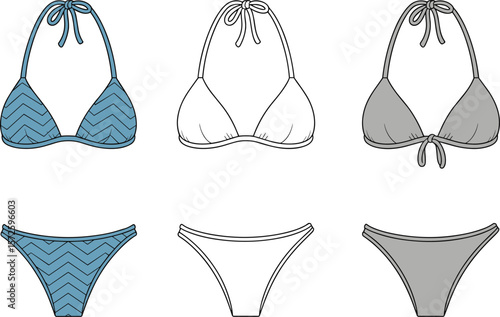 Bikini fashion design, vector swimsuit sketch, summer swimwear template, CAD drawing outline, women beachwear collection, editable flat illustration