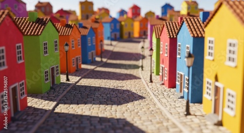 Fototapeta Naklejka Na Ścianę i Meble -  Colorful Small Town Streets with Bright Houses and Cobblestone Pathway