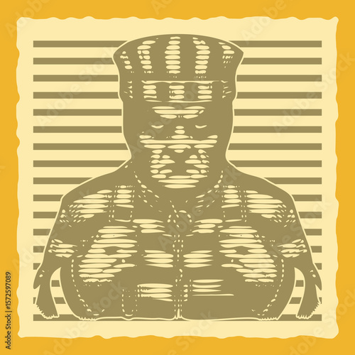  Vibrant Color Postal Stamp Lined Vector of Furious Prisoner Wearing Hat in Striped Uniform Illustration for Vintage Mail Art, Pop Design, Retro Poster, Creative Print, or Concept Artwork