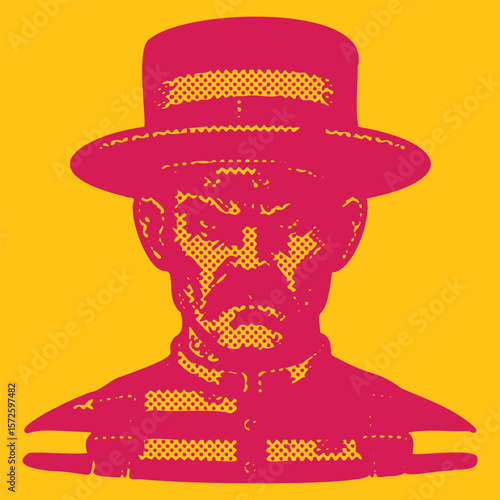  Vibrant color postal stamp halftone vector of red furious prisoner wearing hat striped uniform angry expression vintage design illustration