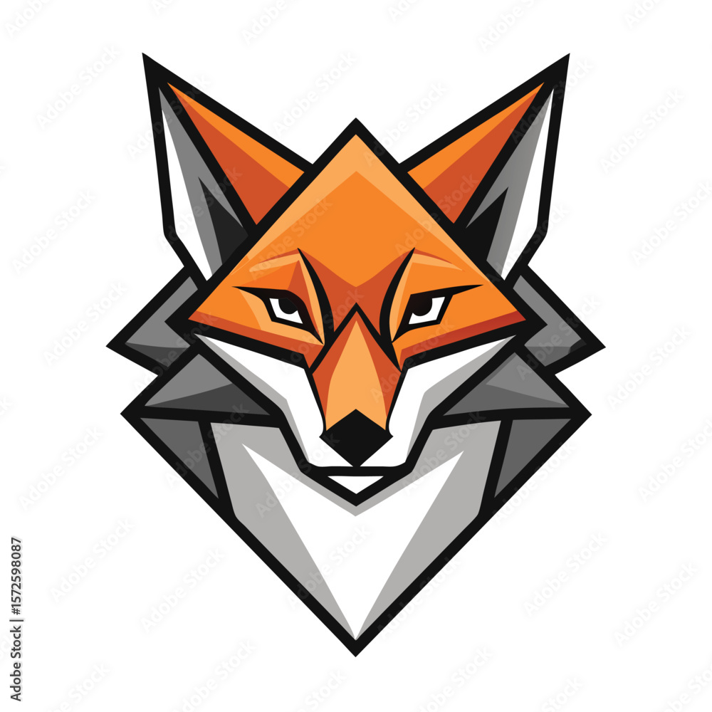 Fototapeta premium Geometric fox head with orange face and grey neck stares forward boldly