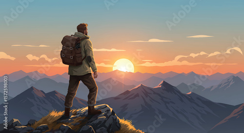 Sunrise Mountaintop Vista Hiker Contemplates Majestic Landscape