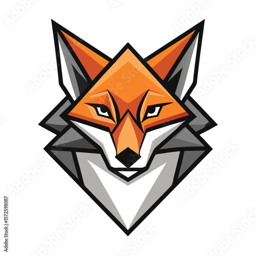 Geometric fox head with orange face and grey neck stares forward boldly