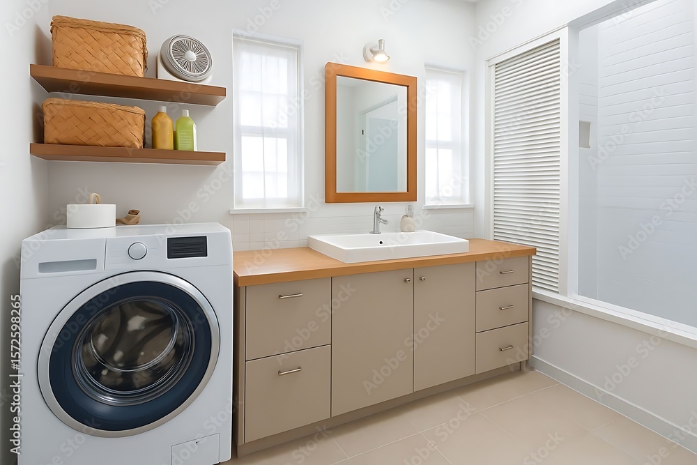 Modern Minimalist Bathroom With Integrated Laundry Area And Natural Light Modern Minimalist Bathroom With Integrated Laundry Area And Natural Light