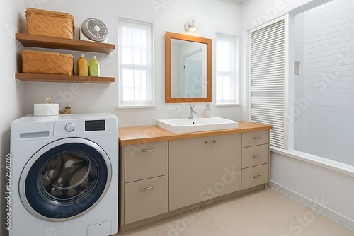 Wallpaper Mural Modern Minimalist Bathroom With Integrated Laundry Area And Natural Light Torontodigital.ca