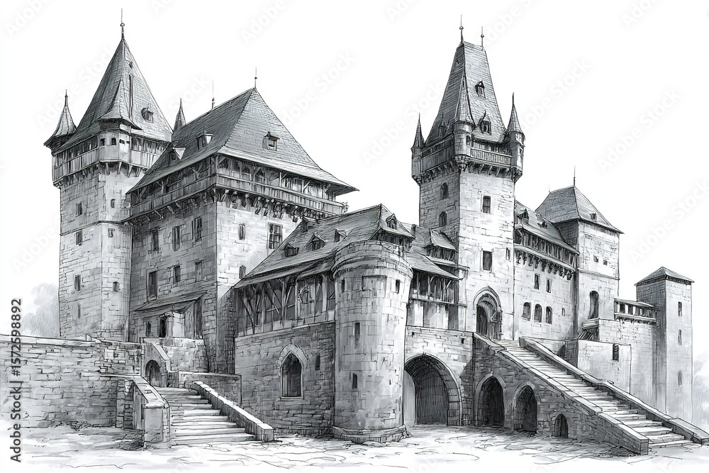 Fototapeta premium Historical castle. In style of pencil sketch drawing. Generative Ai