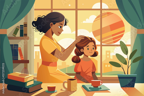 A mother and daughter moment of bonding indoors with window light books and warm coffee on a white background
