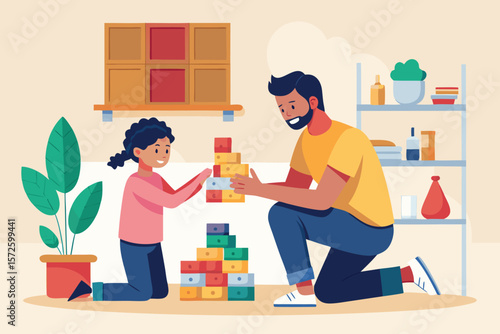 Father and daughter working together to build a colorful block tower symbolizing cooperation family time and development.