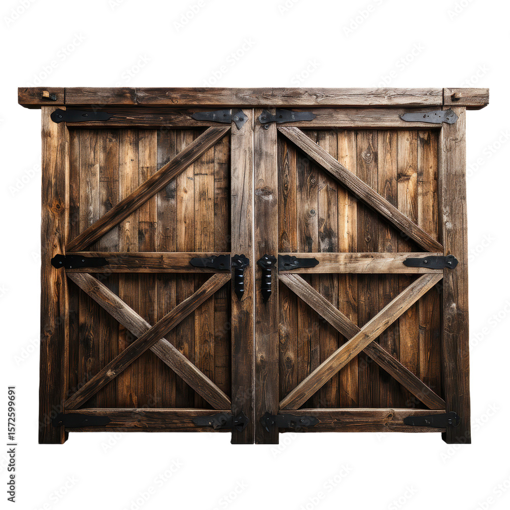 Naklejka premium Rustic wooden double barn door isolated on transparent background. PNG. Buildings and Architecture