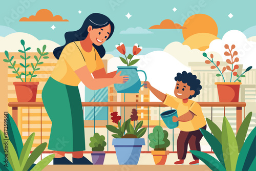Mother and child watering plants on a balcony in a colorful and cheerful illustration promoting gardening