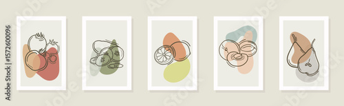 Vegetable, fruit modern set of wall vegan posters. Line art drawing with abstract shape; apricot, lemom, tomatoes, pear for print, cover, wallpaper.Minimal and natural wall vector art hand-drawn