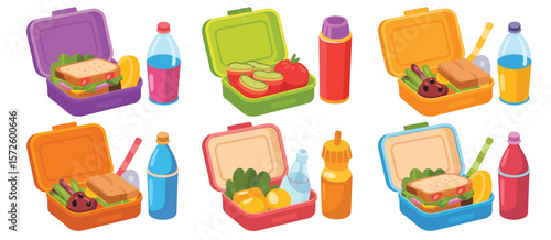  Colorful lunch boxes filled with healthy food and drinks