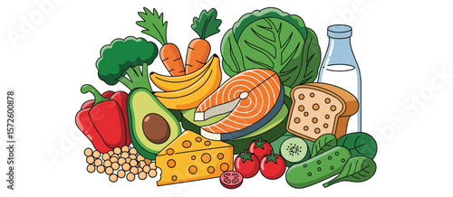   Assortment of healthy foods including fruits vegetables fish and dairy