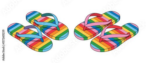  Pair of rainbow striped flip flops on a white background