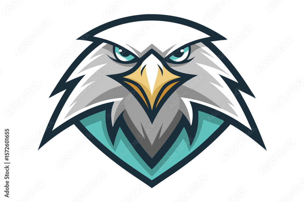 Obraz premium Sharpedged eagle mascot features striking teal and gold details on a white backdrop