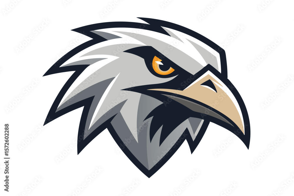 Fototapeta premium Majestic gray eagle head gazes intensely with striking yellow eye on a white background
