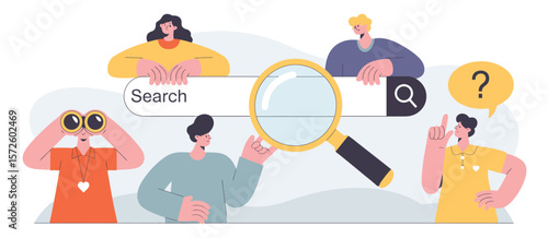  People searching for information online with a magnifying glass and search bar