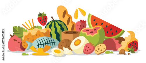  Abundant assortment of fresh fruits and bread