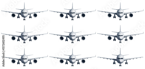  Nine identical airplanes flying in formation against a white background