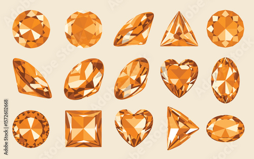  Collection of various cut orange gemstones on a neutral background