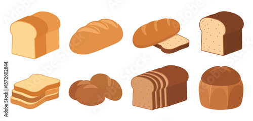 Collection of eight different types of bread loaves and slices in isometric view